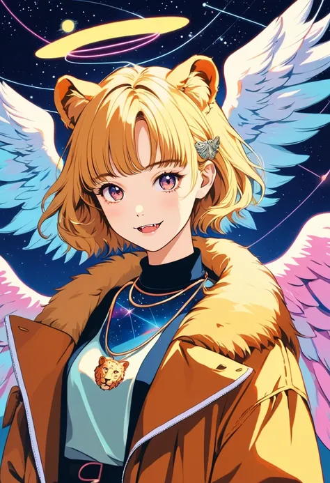 (masterpiece, best quality),Vaporwave style,90s anime style,,(An angel with lion ears).solo, blonde hair,beautiful girl,fashionable, (wearing brown fur around her neck) and has angel wings on her back. (fang),cool face, The constellation Leo shines in the ...