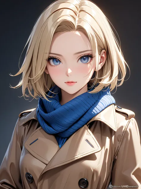 Trench Coat and Scarf,  cute, ( Android １８Number), masterpiece:1.5, masterpiece, highest quality, UHD, retina, masterpiece, accurate anatomy, super detailed, high quality, best quality, 8k