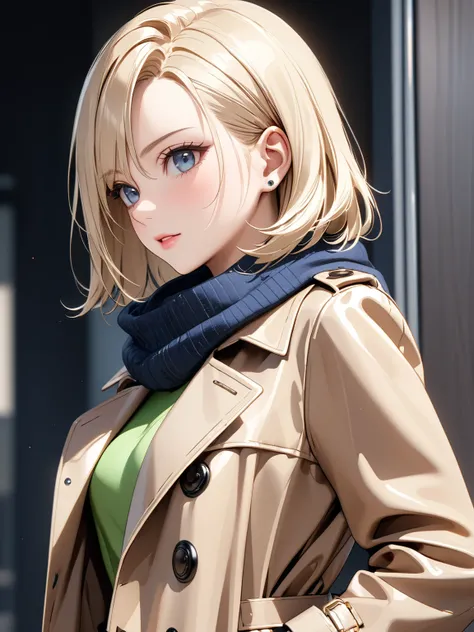 Trench Coat and Scarf,  cute, ( Android １８Number), masterpiece:1.5, masterpiece, highest quality, UHD, retina, masterpiece, accurate anatomy, super detailed, high quality, best quality, 8k