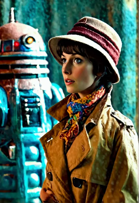 A cute woman in a plain brown trench coat and a colorful scarf (she is in the role of the fourth doctor Who), she is arrogantly speaking to a Dalek, 1970s sci fi alien world set,blue Tardis in corner
