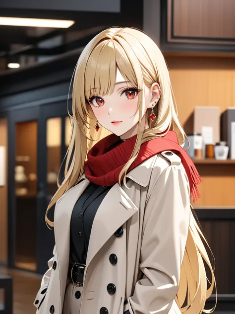 Trench Coat and Scarf,  cute, masterpiece:1.5, masterpiece, highest quality, Kitagawa Marin, 1girl,  cowboy shot , blonde hair, long hair, multicolored hair, red eyes, jewelry, earrings, piercing, black choker, UHD, retina, masterpiece, accurate, anatomica...