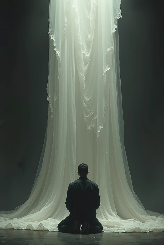  man on his knees , Back view  , In front of him a big torn veil 