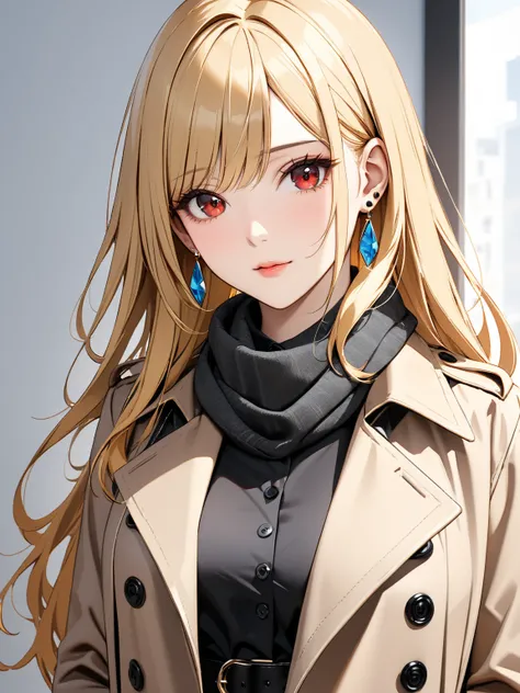  trench coat and scarf,  cute, masterpiece:1.5, masterpiece, highest quality, Kitagawa Marin, 1girl,  cowboy shot , blonde hair, long hair, multicolored hair, red eyes, jewelry, earrings, piercing, black choker, UHD, retina, masterpiece, accurate, anatomic...