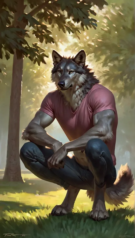 Male gray wolf den , wolf tail, alone,  arrogant expression,  masterpiece, The best art,  Full body , By Taran,  detailed eyes ,  detailed body, claws, high, top-less, Pecs,  Abdominals , crouching posture, jeans and pink t-shirt,  Sunny background in a pa...