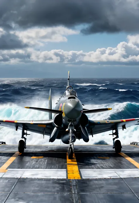 A highly detailed, realistic painting of an Imperial Japanese Navy Zero Fighter aircraft on the flight deck of an aircraft carrier, preparing to take off, with a cloudy sky and high waves on the ocean in the background, (best quality,4k,8k,highres,masterpi...