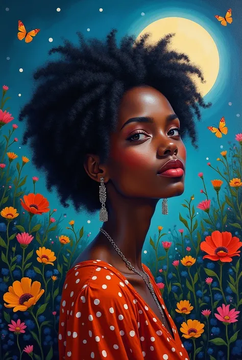 A serene nocturnal portrait of a woman with dark skin and vibrant vitiligo, her curly locks illuminated by soft moonlight, set amidst a lush garden teeming with colorful flowers and delicate butterflies, as if the very essence of Kehinde Wileys bold stroke...