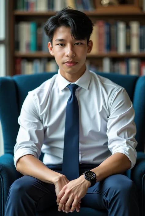 ชายเกาหลีBig arm muscles student with only a white shirt, Navy blue tie poses wearing a black watch sitting on a chair in the library, staring at the front camera. Black jeans stand out cool bokeh background , (((Big arm muscles,  tight breasts ,  muscle b...