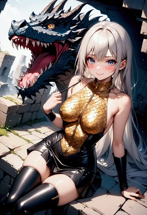 Fantasy World, (Dragon scale dress, Golden zipper, black skirt, thigh boots a Leather), Shiny Costumes, Masterpiece, highest quality, highest quality, 16K, incredibly absurd, highly detailed, 2.5D, ai-generated, delicate and dynamic, very delicate facial e...