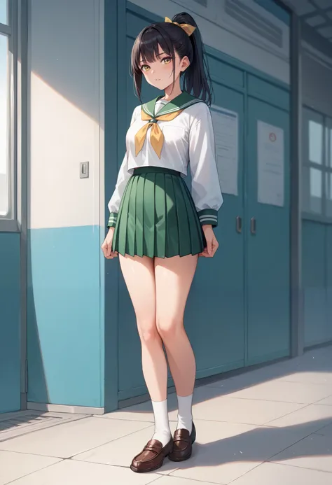 masterpiece, of the highest quality, 
(1girl), 
 black hair,  high school girl,  Green Sailor Suit,  green pleated skirt,  yellow ribbon,  white high socks ,  loafers without pants,  high ponytail, Tight Hair , 
break (((full body))), standing, 