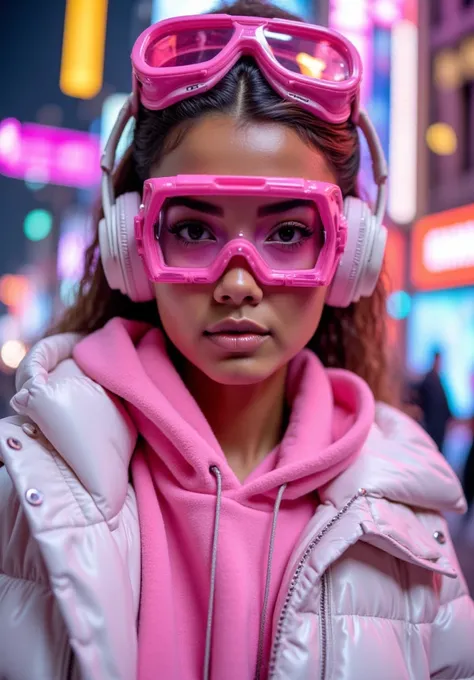 A close-up portrait of a stylish young woman with a modern and futuristic aesthetic. She is wearing oversized pink-tinted goggles and large headphones that exude a tech-savvy vibe. Her outfit features a vibrant pink hoodie paired with a sleek, white puffer...