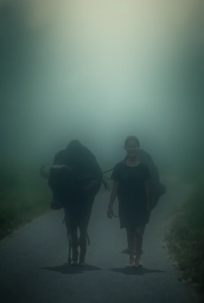  a young Thai woman walking happily along a country road,  while leading a buffalo on a leash .  He wore a black shirt and sarong ,original photo.twilight shades full of dark fog .bokeh