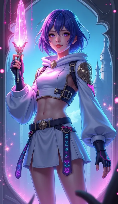 A vibrant and eye-catching RPG-themed character design for a gaming streamer icon. The central figure is a young Japanese male with delicate, feminine features, wearing a futuristic mage-inspired outfit that combines fantasy and technology. The outfit is w...