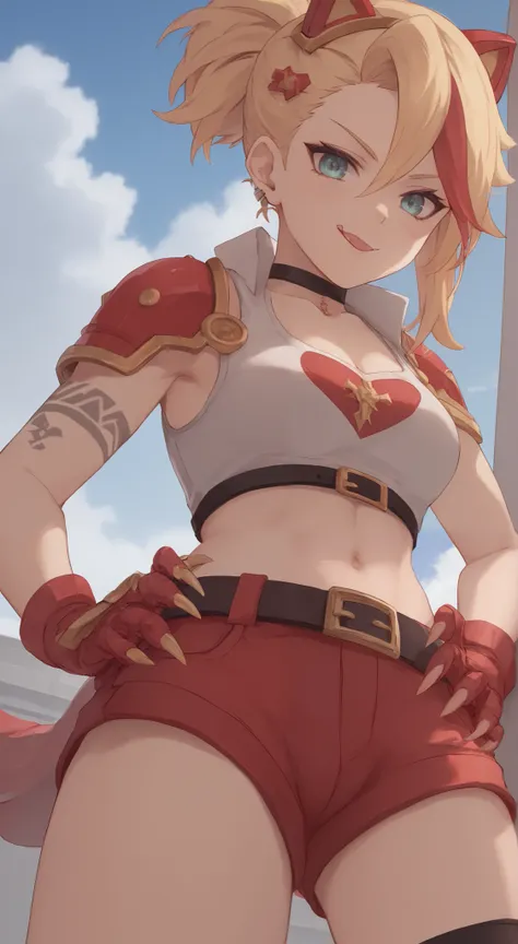 young girl, longue blonde hair, Hairpin with a bundle, turquoise eyes, Yakuza tattoos, red tight uniform, Sleeveless, Wide neckline on the chest to the abdomen, Gold Elements, Red gold armor, Shorts, claws, Masterpiece, hiquality, 4k, HD, Good detail