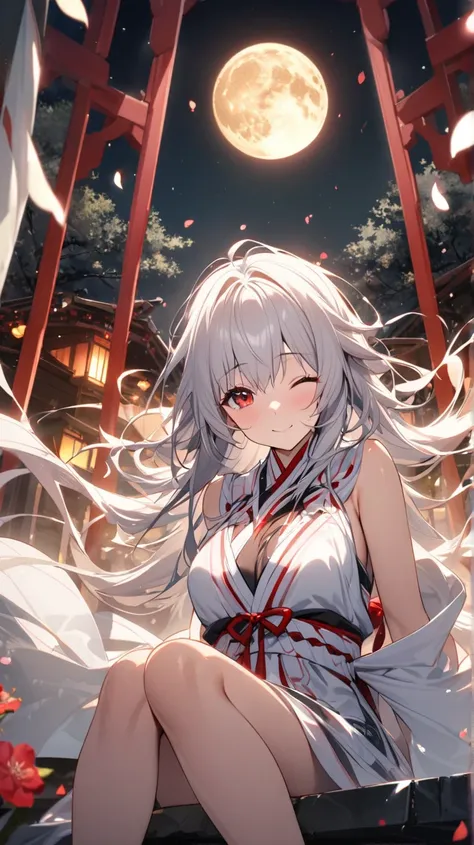 ( top quality, ),  beautiful women (Red eyes), elements. well-groomed face 、 Shy Expression 、 Silver Hair、 red eyes、smile(one eye closed、Looking up)、                    Ultra Fine            ,  A Girl in a Glittering Shrine Maiden、 Surrounded by beautiful ...