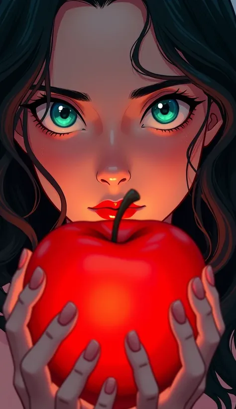  Featured on Eves face in close , she with bright turquoise blue eyes ,  with an expression of decision while holding a bright scarlet red apple in front of her.  The light of the fruit reflects softly on her features , illuminating her eyes . . details:  ...