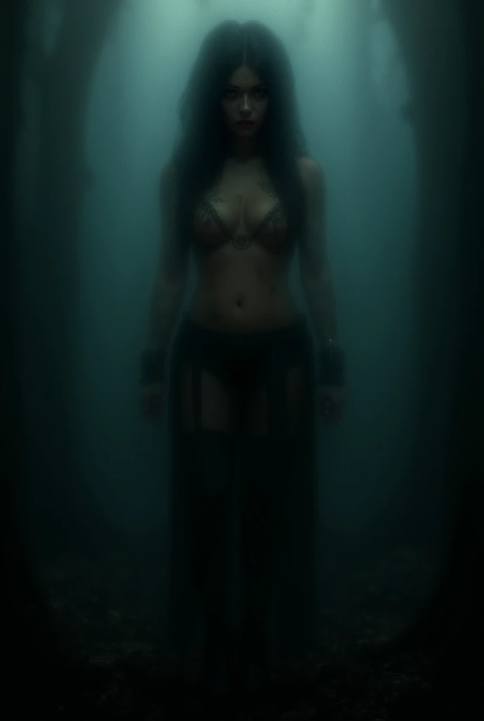 Realistic beautiful evil Witch girl, very long black hair, pony tail, many tattoos, chains bracelets, black loincloth, big breasts, no Bra, boots, black stockings, High heels, standing fierce in a dark forest of dead trees, darkness