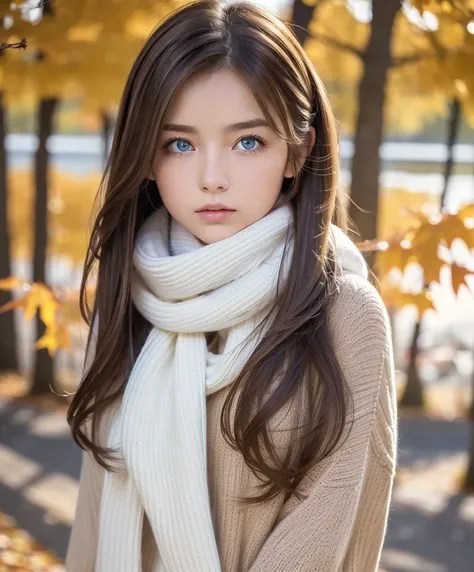 (masterpiece),  top quality ,  ULTRA DETAIL,  illustration, Warm lighting,  soft lighting ,  bright color,  1 girl, Alone,(  beautiful girls,  long hair,  blue eyes, ribbon, Brown Hair,  hair between eyebrows, hair ribbon, side lock, very  long hair,  mess...