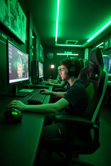  Modern computer club ,  The club is designed in green style ,  There are modern gaming computers with modern keyboards ,  inscriptions with mice and headphones ,  all this on gaming tables next to which young people sit in beautiful modern gaming chairs, ...