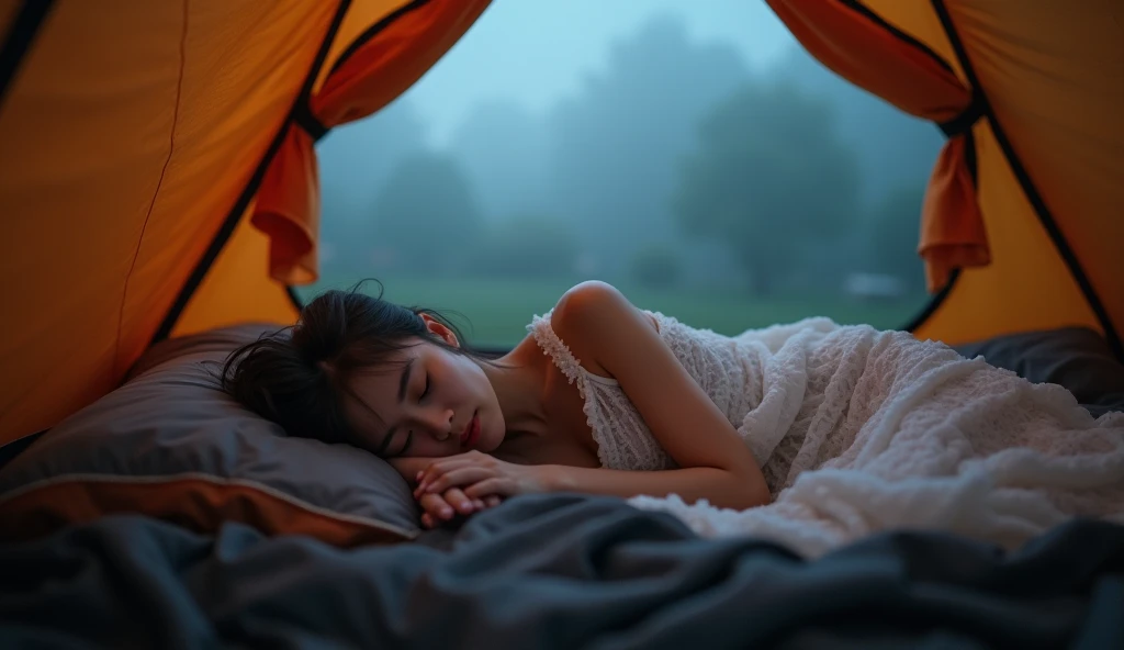 Beautiful Asian woman sleeping wearing a thin nightgown in a tent, foggy, misty, night