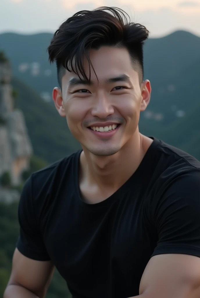 Professional photography,  close-up photo of a handsome Korean man, (muscular man with short hair), (big muscles, big body), (handsome, fit body), pale skin, handsome, look cold but smiling, wears black t shirt, short and black hair, tall, again rock climb...