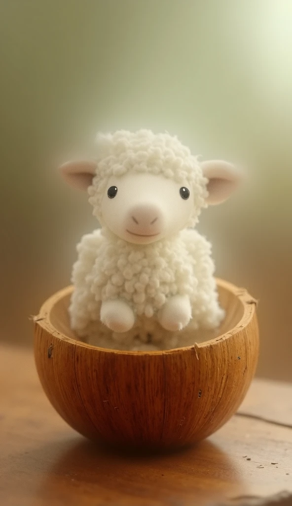  An ultra realistic sheep ,  small and extremely cute , with soft and bulky wool ,  coming out of a coconut broken in half . The sheep has big eyes ,  bright and expressive ,  conveying a sense of sweetness and curiosity . The coconut ,  with a detailed fi...