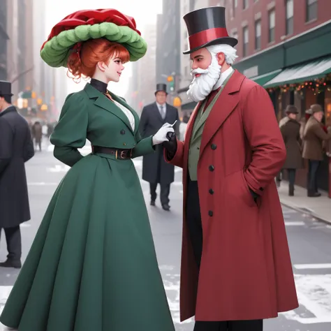 A pretty, curvaceous 15yo redhead Gibson Girl in a green Edwardian dress and wide-brimmed Christmas bonnet, light make up, 50-25-60 hourglass figure. Flirting with a fat 75yo gentleman with a white beard wearing a crimson overcoat and top hat in a New York...