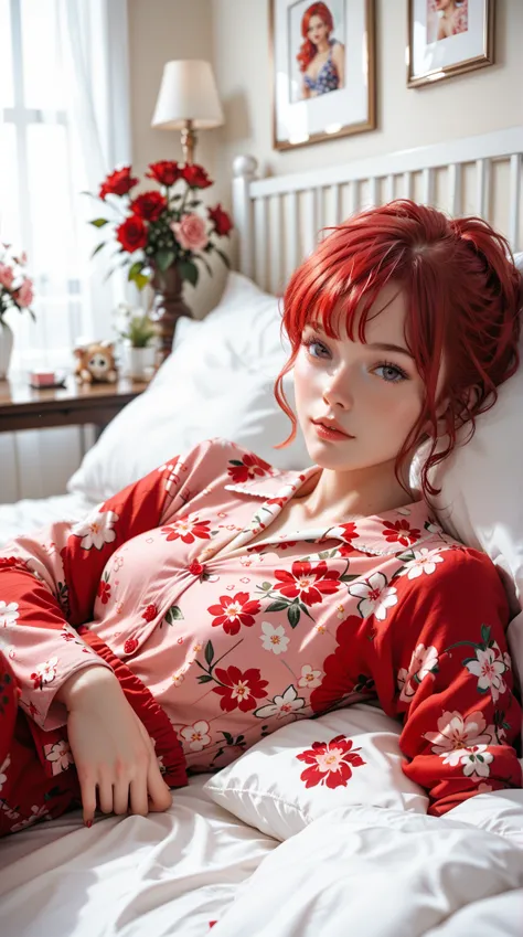  woman sitting on bed wearing pink floral pajamas, red hair girl, beautiful  red-haired woman,  red-haired woman, young red hair girl,  short hair bright red , Red hair and attractive features, Anna Nikonova （aka newmilky ）, red hair girl,  Red-haired Girl...