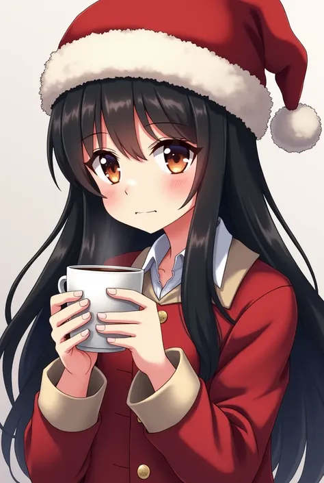 a woman in a santa hat holding a cup of coffee, an anime drawing by Jin Homura, pixiv contest winner, shin hanga, black - haired mage, anime visual of a cute girl, anime moe artstyle, anime girl with long hair, anime style 4 k, 4 k manga wallpaper, cute an...