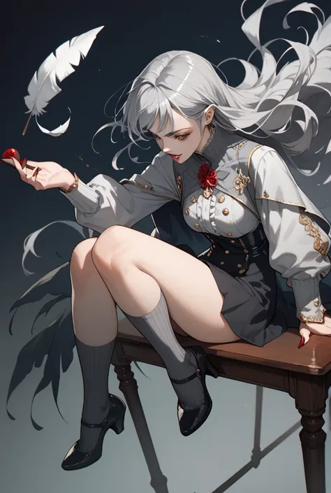 Full body , 1 anime girl, seat on the table, vampire, gray long hair , dark background, “Feather floating in the air”.