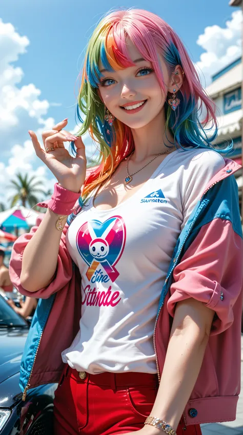 (masterpiece), ((( top quality )), ( Super Detailed ),  1 woman , (Rainbow Hair ,  Colored Hair ,  Half Blue Half Pink Hair: 1.2), , (load[toa: 1.2), outdoor, Bangs, Smile,  Sky Blue Eyes , Perfect hands, Perfect hands,  Hand Detail ,  Corrected Fingers . ...