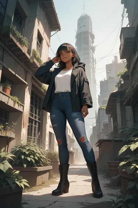 A girl, brown skin, short straight black hair, brown eyes, wearing a white blouse, a black hooded coat, black jeans, black high boots, She is holding two pistols in both hands, observing the landscape of an abandoned city overgrown with vegetation.