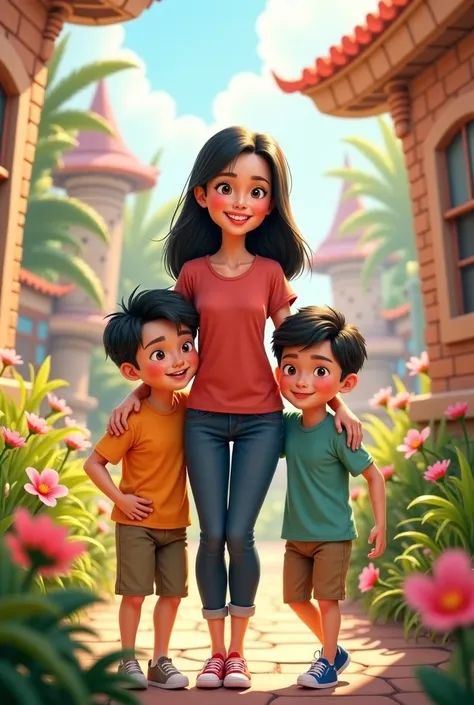 estio disney pixar. oriental woman, linda, casual clothes, Two Oriental ren boys aged 10 and 12,  more defined traits, more expressive eyes 