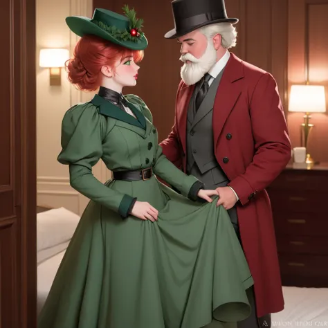 A pretty, curvaceous 15yo redhead Gibson Girl in a green Edwardian dress and wide-brimmed hat, light make up, 50-25-60 hourglass figure. Having sex with a fat 75yo gentleman with a white beard wearing a crimson overcoat and top hat in a New York hotel room...