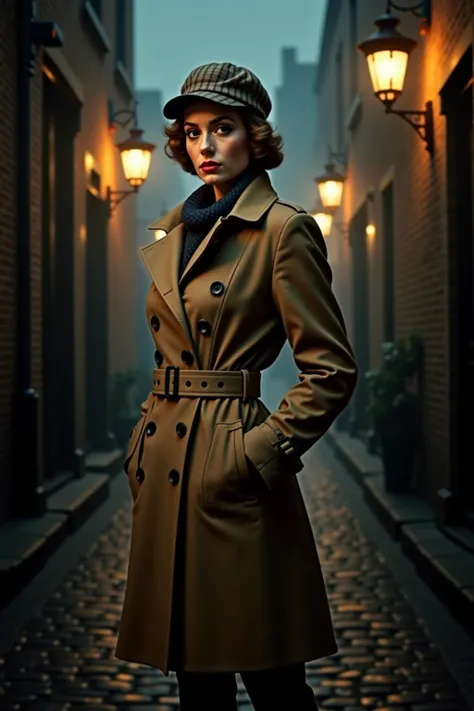 A poised female detective wearing a classic Burberry trench coat, belted at the waist, and a chic headscarf tied elegantly under her chin. The headscarf adds a touch of timeless sophistication, complementing her sharp, observant nature. She stands confiden...