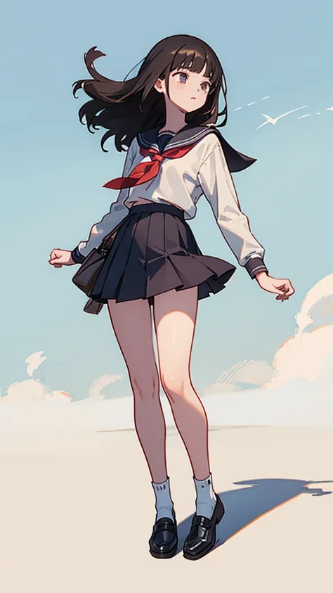 Hair is black,Shoulder-length hair, school uniform, skirt, full body ,Leather shoes,woman,. bright ,Summer clothes,socks
