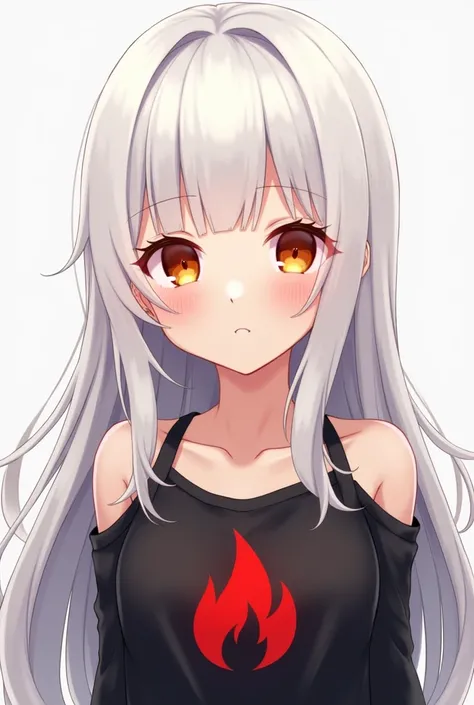 An anime girl with long white hair down the back and shiny orange eyes with white eyelashes, fair and smooth skin and innocent features, wearing a black shirt with bare shoulders and full arms with a red fire sign in the middle