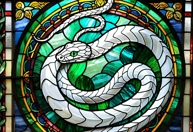 a close up of a stained glass window with a white snake on it, stained glass style, stained glass art, stained glass!!, stained glass, white snake themed, stained glass, psychedelic white snake, inspired by Pascal Blanchet, white snake, green stain...