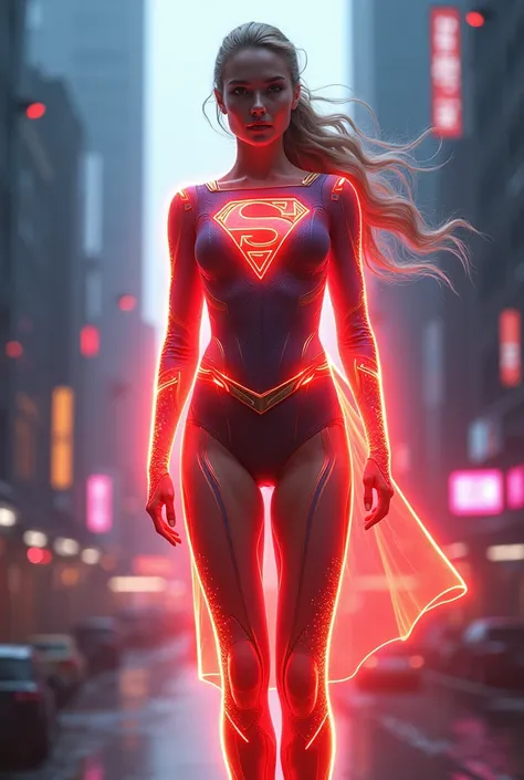 (((big Close up))), (below angle, facing viewer), 1girl (beautiful Gal Gadot,Supergirl, Sexy, Supermodel, Beautiful face, blonde hair) in luminous transparent neon-lit supergirl suit, mecha battle armor、futuristic tattoo engraved, A rising band of light su...