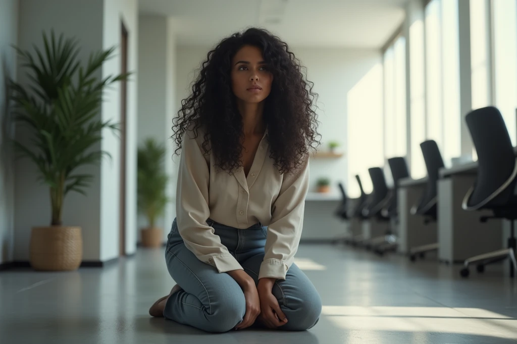 White woman with dark curls kneeling on the floor in an office.