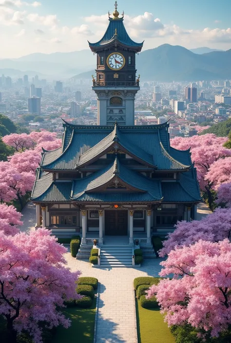 Aerial view of a large building with a clock tower in the middle of the park, Japan travel aesthetic, Japan sightseeing, Japanese heritage, Japanese temples, Japan travel and tourism, cherry blossoms season dynamic lighting, Japan deeper travel exploration...