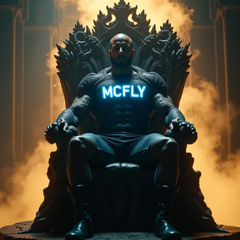 A muscled superhero warrior with a fly suit on, he is sitting on a black iron  throne, in front of his chest in blue neon the letters "McFly",atmosphere is paranormal, occult, celestial, ghostly, unearthly, spectral , fenomenale,gold smoke around here,extr...