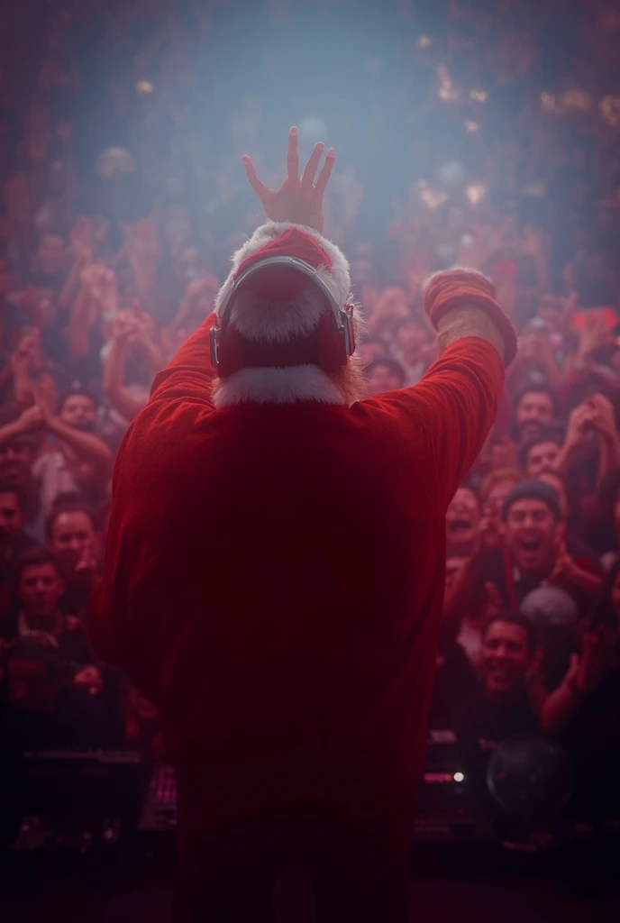 Back view of Santa wearing dj headphones touching them with the right hand on stage playing croud 