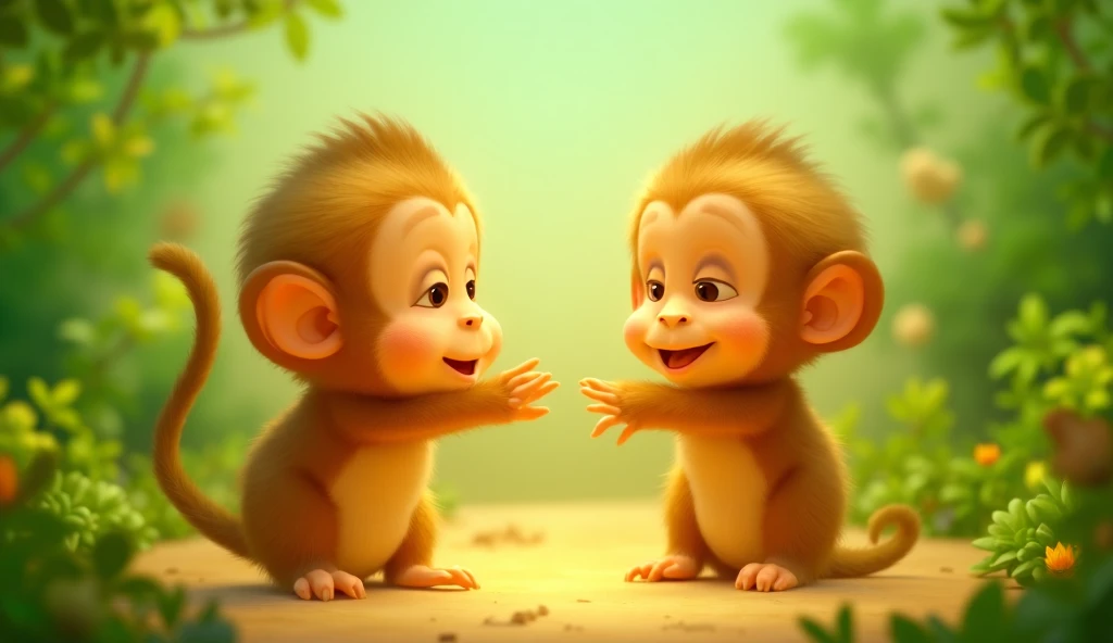 Cute Monkey Fiko, Maya’ya merhaba derken mutlu bir ifadeyle duruyor. İkisi için dostluk bağı hissettiriliyor. Draw in animation style but realistically. get a clear photo