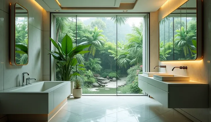 cinematic photography of high-tech futuristic house bathroom, windows overlooking the garden, ecopunk style, 90s style science fiction