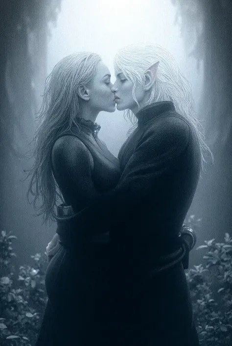  Passionate kiss between a blond female archer and an elf in a rogue costume, short wavy white hair , In a forest in the rain ,  black and white drawing-like image  