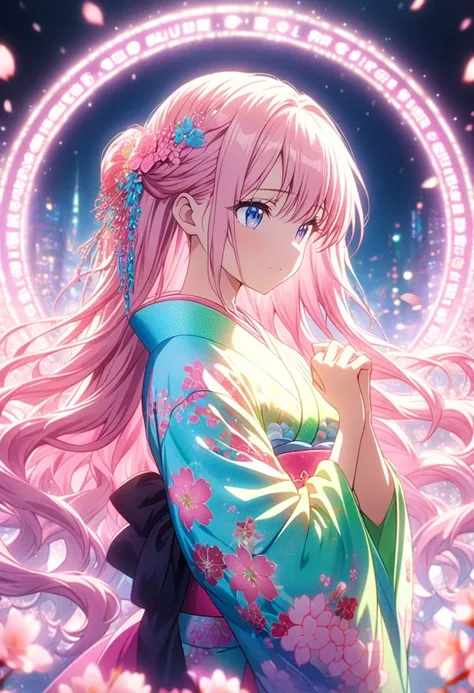 masterpiece, top quality,  Highly Detailed CG Unity 8K Wallpaper,  anime screenshots,   Woman in a Neon Kimono Anime Character Art  . She is wearing a glowing neon floral kimono. This scene with long flowing hair has a nice  soft focus effect,   accentuate...