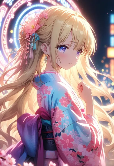 masterpiece, top quality,  Highly Detailed CG Unity 8K Wallpaper,  anime screenshots,   Woman in a Neon Kimono Anime Character Art  . She is wearing a glowing neon floral kimono. This scene with long flowing hair has a nice  soft focus effect,   accentuate...