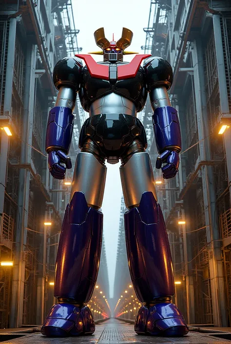 A very realistic giant version of the great hero Great Mazinger Z , Standing in a forward position at a height of 100 meters .  reactor equipment production line constructed with modern materials such as steel ,  Carbon Fiber ,  other industrial elements a...