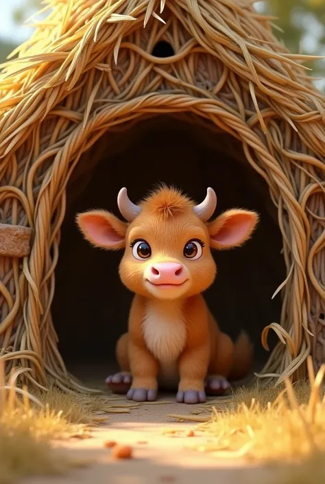 A baby cow in house made of brown yellow grass