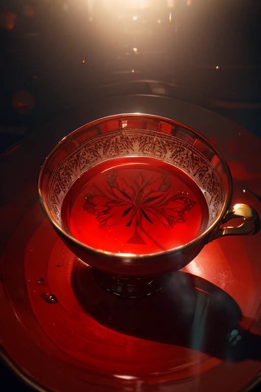 detailed viscous red liquid, beautiful glass teacup, warm ambient lighting, soft focus, cinematic lighting, bokeh, intricate patterns, dramatic shadows, moody atmosphere, photorealistic, 8k, high quality, masterpiece